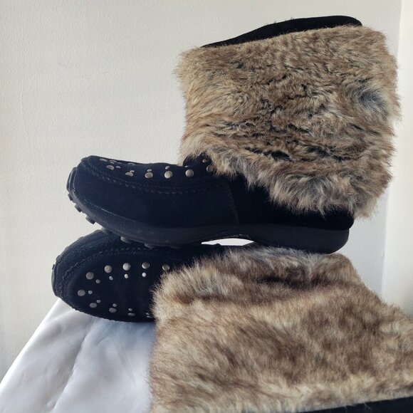 Bass Kodiak Women's 10 Medium Wedge Black Suede Leather Faux Fur Kneehigh Boots - Picture 8 of 12